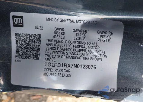 2022 Chevrolet Camaro Rwd 1Ls z USA, uszkodzony, nr VIN 1G1FB1RX7N0123076